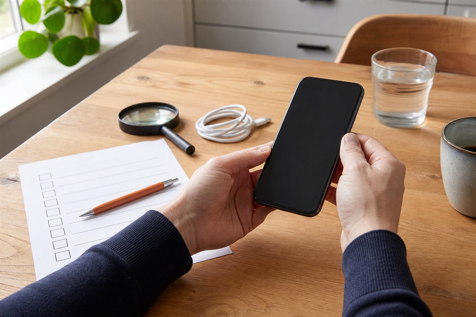 Koper bekijkt een merkloze refurbished smartphone naast een controlelijst