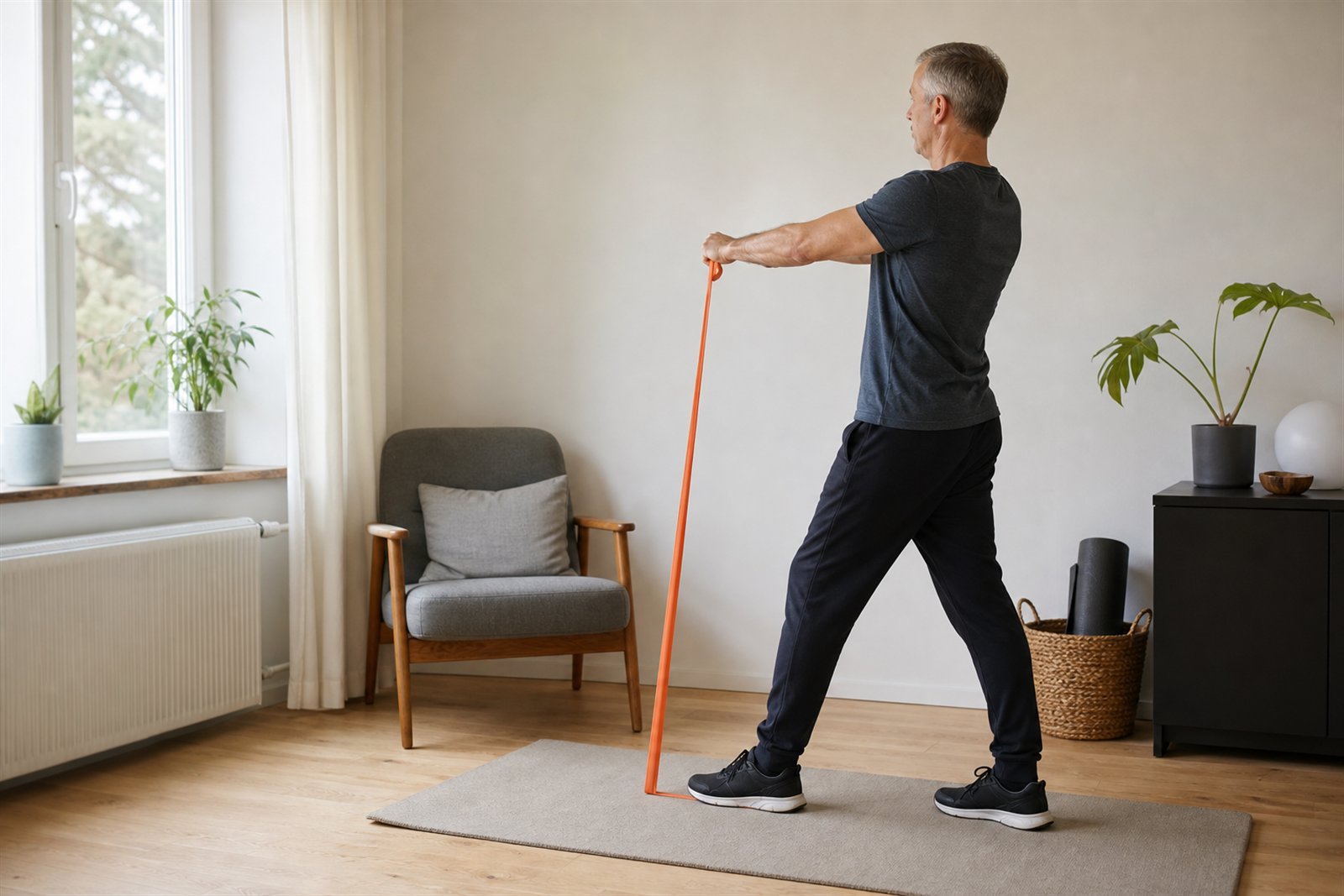 Volwassen man doet thuis rustig een krachtoefening met een oranje weerstandsband