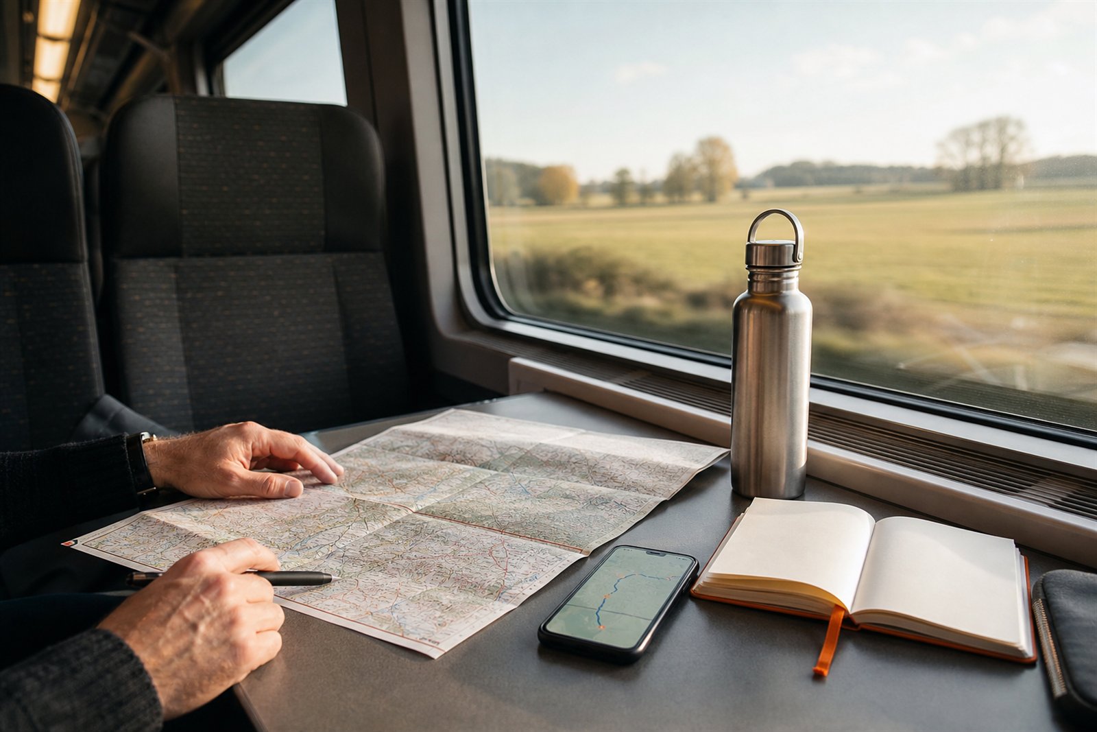 Reiziger plant een Europese treinroute met kaart en notitieboek aan een treintafel